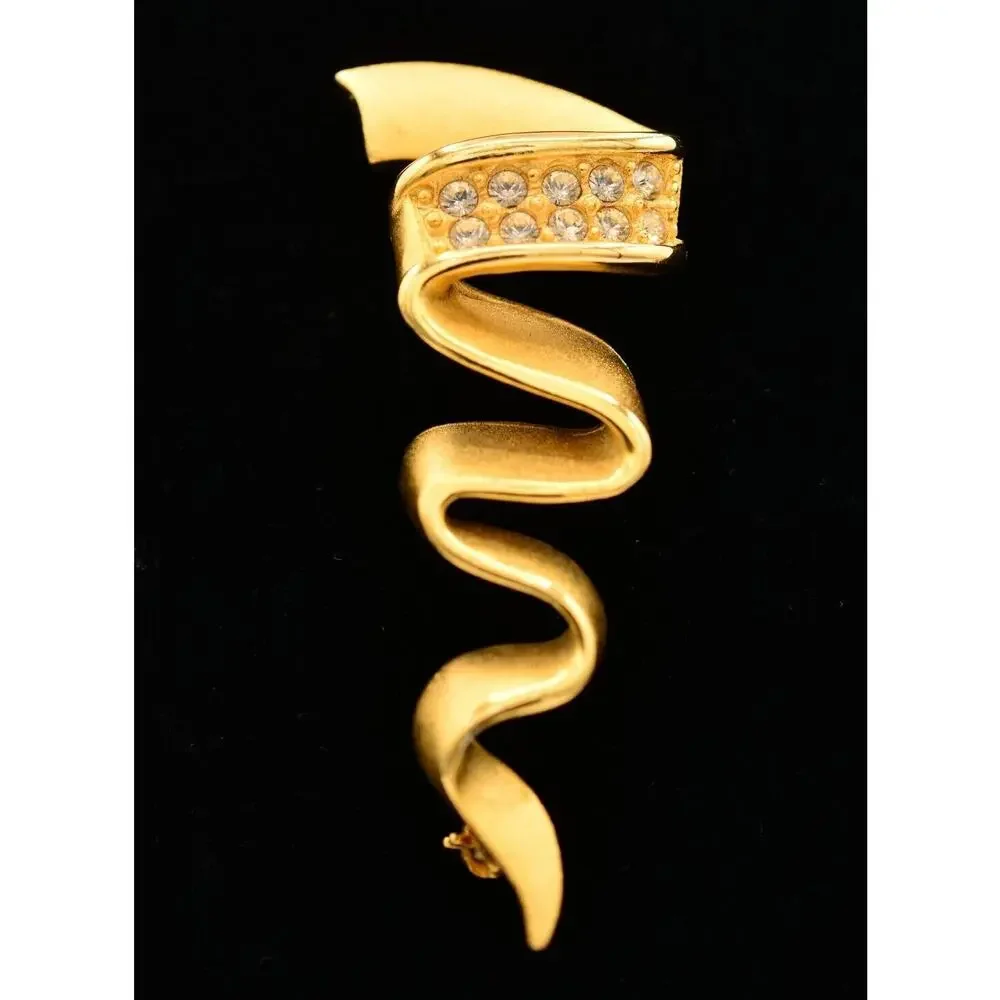 LIA Vintage Ribbon Pin Brooch Brushed Gold Rhinestone Chunky Signed 1980s Bin5B